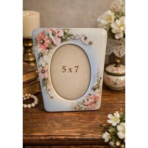 Vintage Floral‎ Porcelain Photo Frame Oval 5x7 Hand Painted Roses Gift